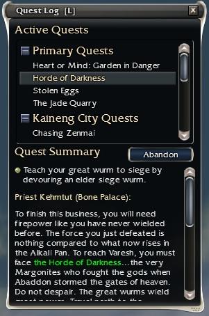 The quest log. Note regions can be collapsed.
