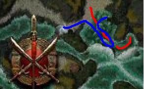 A map of how you have to walk, red are patrolling Kappa groups and blue is how you walk.